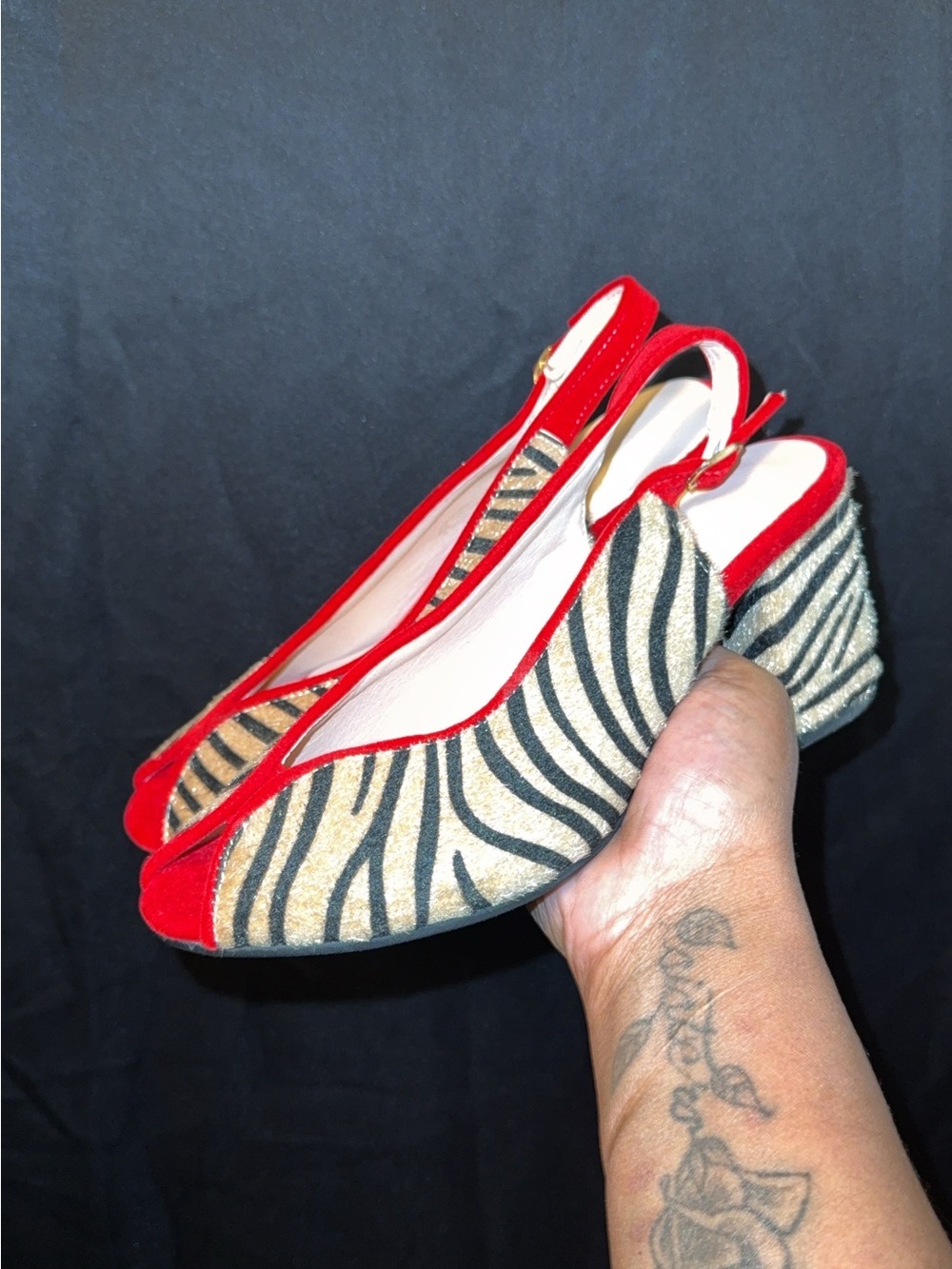 Red Zebra-Print Slingback Wedges- New